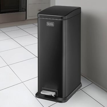 Третеімер BLACK+DECKER BXBN0007E з м'яким закриванням кришки, нержавіюча сталь, 30 x 14 x 29 см, 20 л, чорний, прямокутний