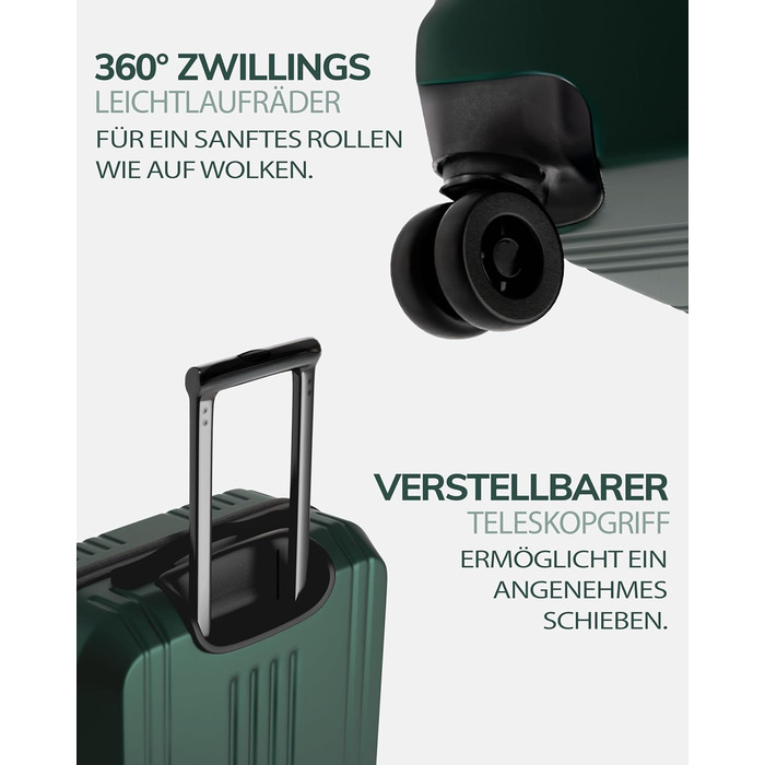 Набір валіз FERGÉ 3 шт. з жорстким корпусом, TSA-замком, Канни. Валіза-тролей, набір (Ручна поклажа, L, XL). 3 шт. валізи з жорсткого корпусу, роликові валізи, 4 м'яких роликів - дуже міцний валіза з полікарбонату. Колір: смарагдовий
