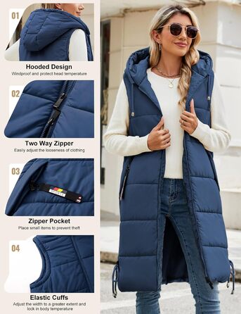 Жіноча довга стьобана жилетка Vancavoo з капюшоном, тепла зимова жилетка, довга жилетка (Морська синя, S)