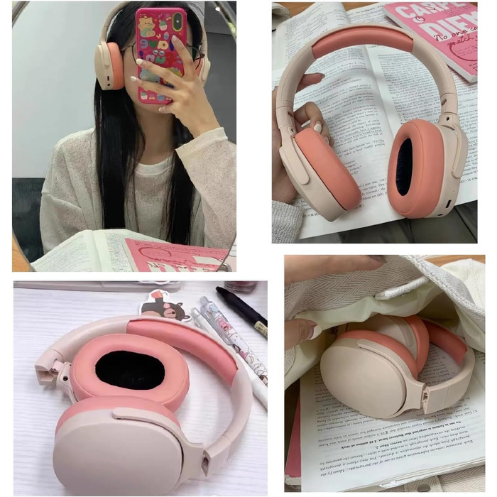 Бездротові навушники HiFi Bluetooth з активним шумозаглушенням, складні, з мікрофоном, для спорту та подорожей (рожеві)