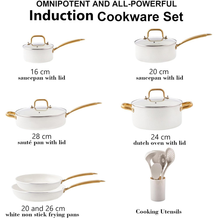 Набір посуду RIOVARM з нержавіючої сталі з антипригарним покриттям, 10 предметів. Набір каструль, сковорідок, сотейників та соусниць з лопаткою. Білий посуд для кухні.