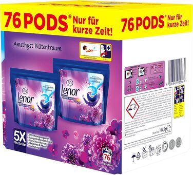 Капсули для прання кольорових речей Lenor All-in-1 PODS Amethyst Blütentraum, гігієнічне глибоке очищення та тривала свіжість, 76 шт