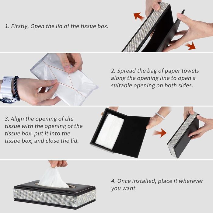 Rectangular tissue box – decorative tissue holder with sparkling crystal rhinestones and made from high-quality leather, perfect for car, office, home – Black