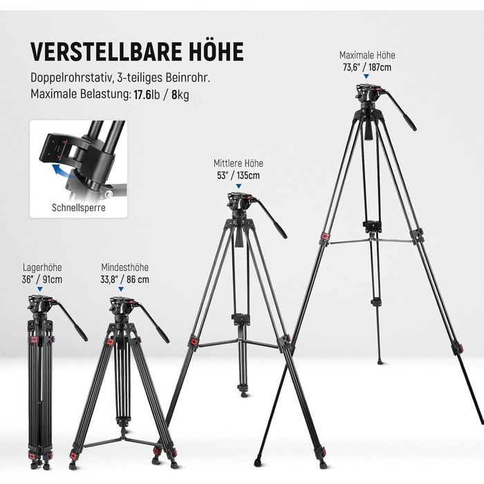 NEEWER Професійний штатив для відео 74' з Fluid-головкою, QR-платівкою, сумісний з DJI RS, для DSLR, максимальне навантаження 8 кг