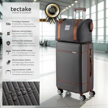 Набір валіз tectake® 13-TLG: 3 твердокорпусні валізи з колесами та дорожня сумка, замок TSA, антрацит