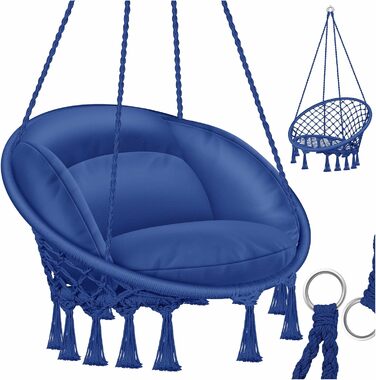 Підвісне крісло-гойдалка KESSER, 150 кг, з подушкою, сталеві кільця, плетене, з китицями, для саду та дому, водовідштовхувальне, синє