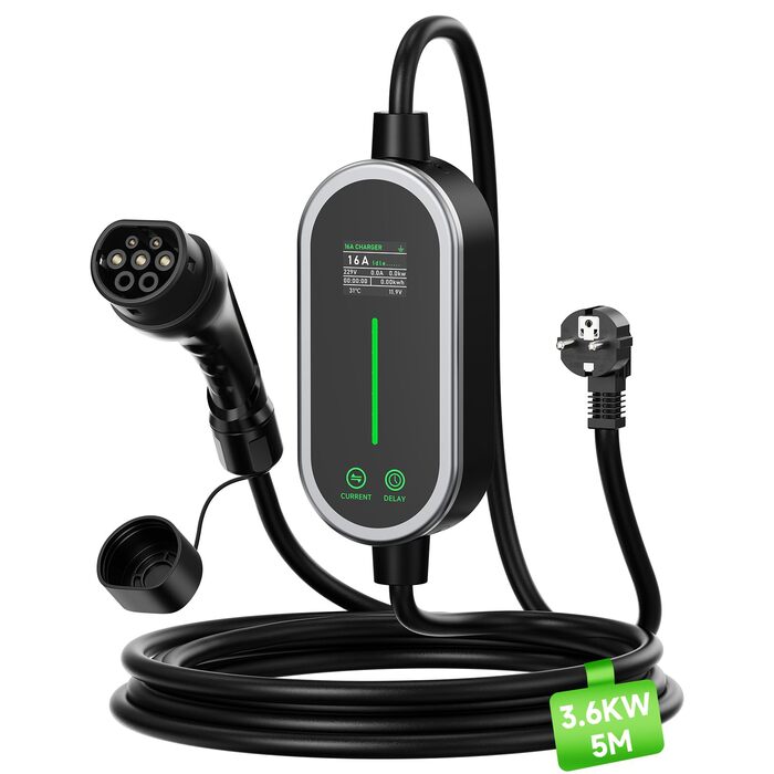 Кабель для зарядки електромобілів Type 2 (IEC 62196-2), 3.6 кВт, 5м, Schuko, 6-16A, з цифровим дисплеєм, регулювання потужності та таймером