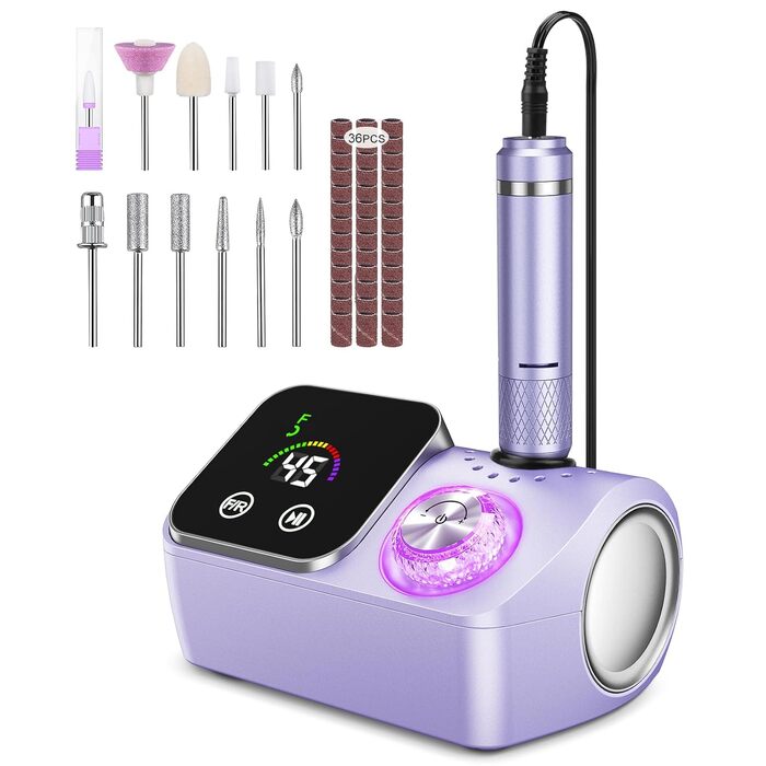 Електрична шліфувальна машинка для нігтів (нагельфрайзер) з LCD-дисплеєм, 45000 об/хв, професійний набір для манікюру та педикюру з мультифункціональною базою та сенсорним керуванням, фіолетовий
