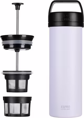 ESPRO P0 Ultralight Французька прес-кава для однієї порції, термобутилка з нержавіючої сталі для подорожей, кемпінгу та щоденного використання, вакуумна ізоляція, 470 мл, Frost Wisteria