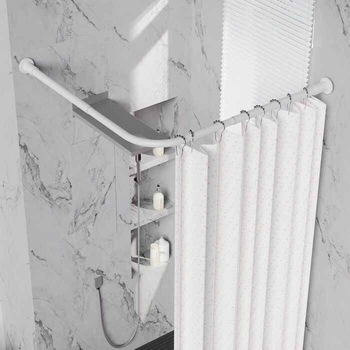 Регульована штанга для душу L-Form, 68–96 см × 68–96 см, нержавіюча сталь, кутова, вологостійка, з 12 кільцями та комплектом шурупів, білий колір