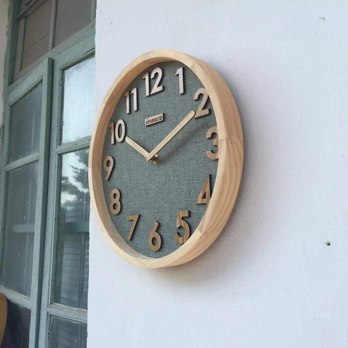 JIYUERLTD 30cm Wall Clock Silent Kitchen Clock Non-Ticking Quartz Wall Clocks Wooden Numbers 3D Display, Wooden Frame with Linen Face Clock for Home Office Classroom School. (Green)