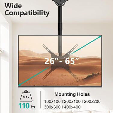 WALI Adjustable TV Wall Mount for LED, LCD, OLED, Plasma Screens - 66-165cm (26-65 inch), Up to 50kg, VESA 400x400mm, Black