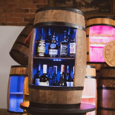 CREATIVE COOPER Fass bar LED RGB with Wine Holder - Wine Rack - Barrel Bar House Bar 80x50cm - Rustic Decor Bar Cabinet Wine Stand – Wine Cabinet (Dark Brown)
