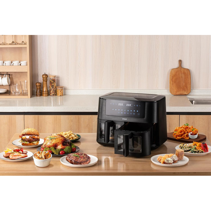 Фритюрниця Linsar з подвійною зоною та двома кошиками, 8л, з сенсорним екраном, 9 режимів, Dual Cook, чорний