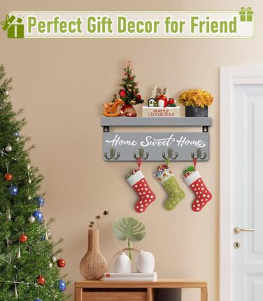 Key board with shelf, wooden key holder with 4 hooks, wall-mounted key rack for entryway, hallway, bedroom, living room, White (Green)