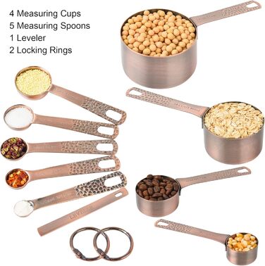 Smithcraft Measuring Cups and Spoons, Copper-Plated 10-Piece Stainless Steel Set - 4 Measuring Cups and 5 Measuring Spoons with Leveler for Baking and Kitchen