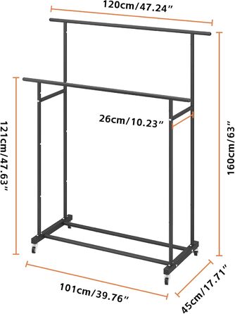Clothes Rack with Double Rod, Rolling Clothes Rack, Portable Clothes Rack for Bedroom, Living Room, Clothing Store (Black)