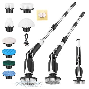 Електрична щітка для прибирання з 8 насадок, включаючи щітку для унітазу. 2 швидкості, регульована ручка для ванної, кухні, авто