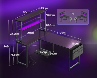 Ігровий стіл Coleshome L-подібної форми з LED підсвічуванням та розетками, 135 × 100 см. Реверсивний кутовий стіл з полицями та сумкою для зберігання, для дому та ігор (110×80 см, чорний)