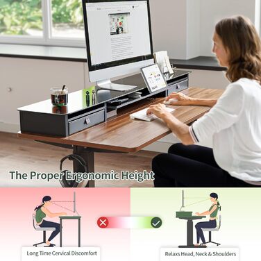 FEZIBO Electric Standing Desk with 2 Drawers - 140x60cm Adjustable Height Desk with Memory Control, Anti-Collision System, Light Brown Home Office Desk