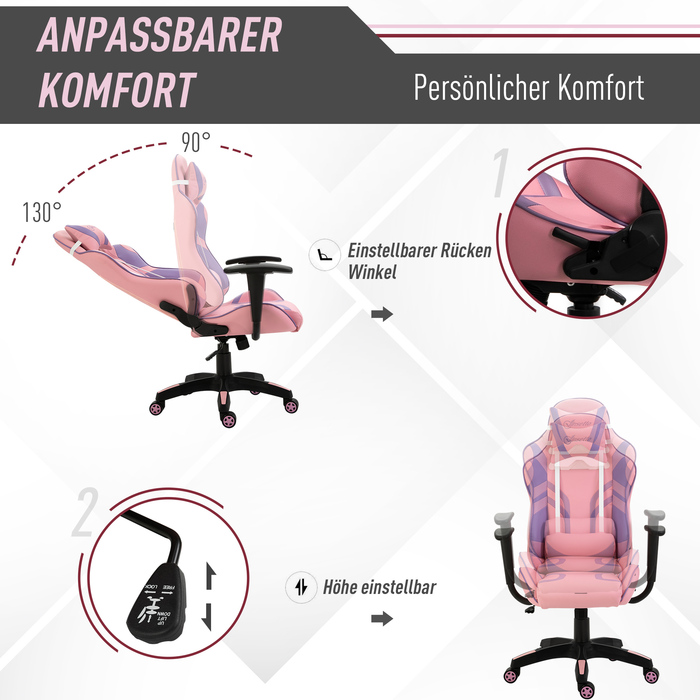 Vinsetto Gaming Chair Ergonomic Office Chair, Swivel Chair, Adjustable Massage Lumbar Cushion, Height Adjustable, Pink & Violet, 69x56x125.5cm | Aosom