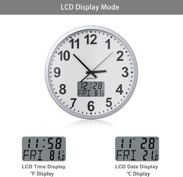 KWANWA Modern Wall Clock • Silent Operation (No Ticking) • Digital LCD/LED Display • Calendar & Temperature • Battery Powered • 30.5cm • 12-Hour Format, Perfect for Kitchen, Bedroom & Office