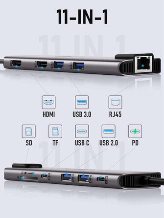 Док-станція USB-C з хабом: 2 HDMI, Gigabit Ethernet, 4 USB A, USB C 3.0, PD 100W, SD/TF, 1000Mbps RJ45, адаптер для Macbook, Lenovo, HP, Dell, Surface. Підтримка 2 моніторів