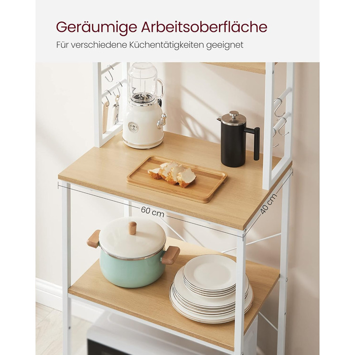 Поличкова стійка VASAGLE для кухні з 6 полицями та гачками, сталевий каркас, горіховий колір + білий, 40 x 60 x 167 см