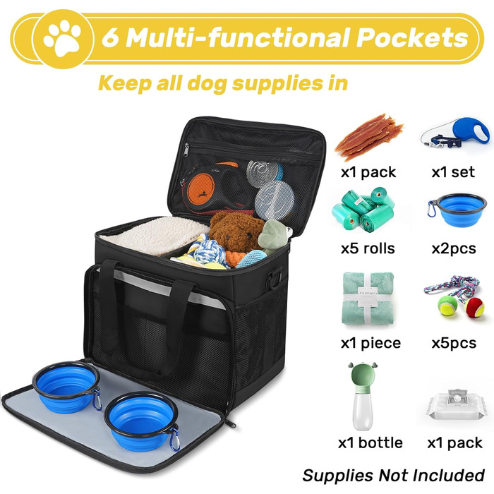 Чорна сумка для собак у подорожі, схвалена авіакомпаніями, з двома складними мисками та кишенькою для ласощів