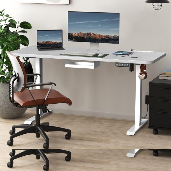 Devoko Adjustable Height Electric Standing Desk with Wireless Charger, Memory Control & Power Outlet - 160x80cm Grey