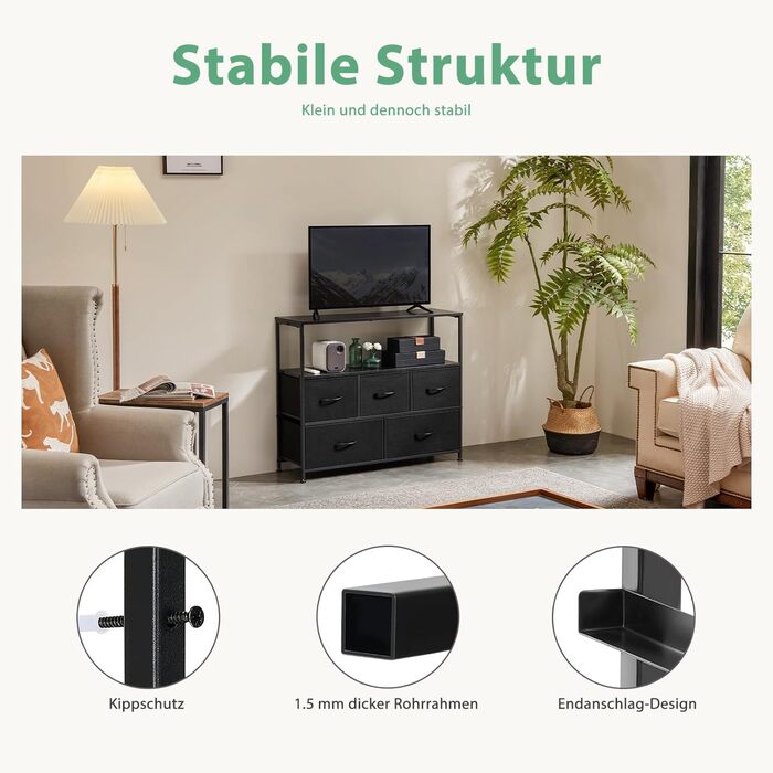 DUMOS Chest of Drawers with Drawers - Chests of Drawers & Sideboards for Bedrooms Suitable, Chest of Drawers with 9 Drawers, Fabric Chest of Drawers with Stable Steel Frame, Ideal for Bedrooms, Living Rooms (Black) (5 TV Drawers Black)