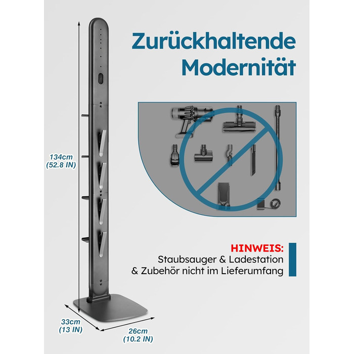 Підставка для пилососів Dyson G5, V15, V12, V11, V10, V8, V7, V6, металева з 4 гачками та 4 полицями, без свердління, стійка, підлогова, приховане кріплення кабелю, темно-сірий