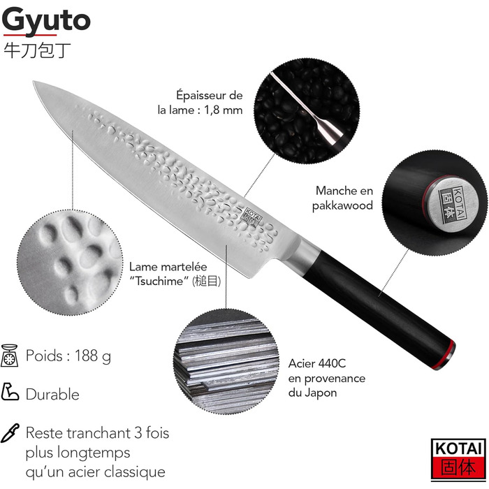 Професійний кухонний ніж KOTAI Gyuto 20 см, японський стиль, ручна робота, ультрашарпий 440C нержавіючий метал