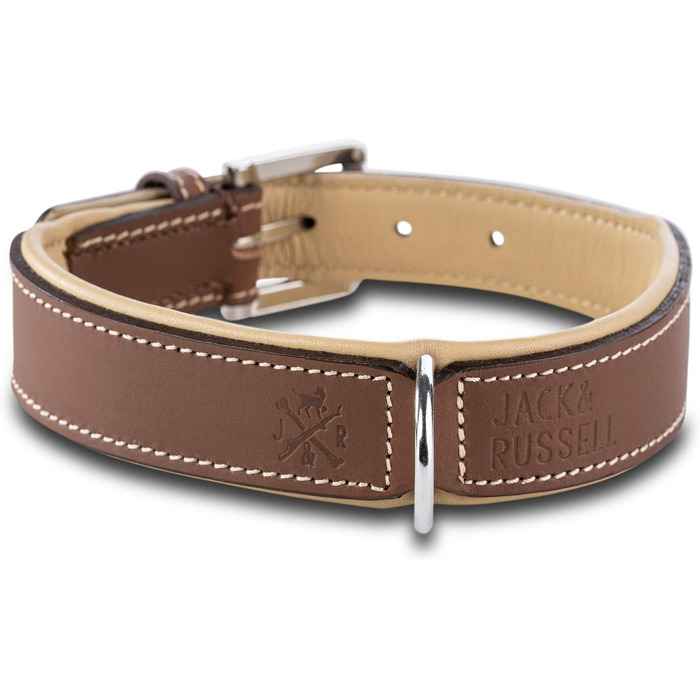 Нашийник для собак Джек Рассел, шкіряний, Amy - нашийник з натуральної шкіри, з підкладкою, міцний, двошаровий (M, Коричневий/Бежевий) M (37.0-44.0 см) Коричневий/Бежевий