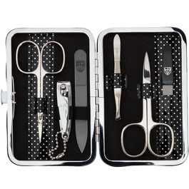 Набір для манікюру Drei Schwertter 'Genova' 6 предметів | Чорний лакований шкірозамінник з крапками | Ніж для нігтів, ножиці для кутикули, кусачки для нігтів, скляна пилка для нігтів, пінцет, алмазна пилка для нігтів