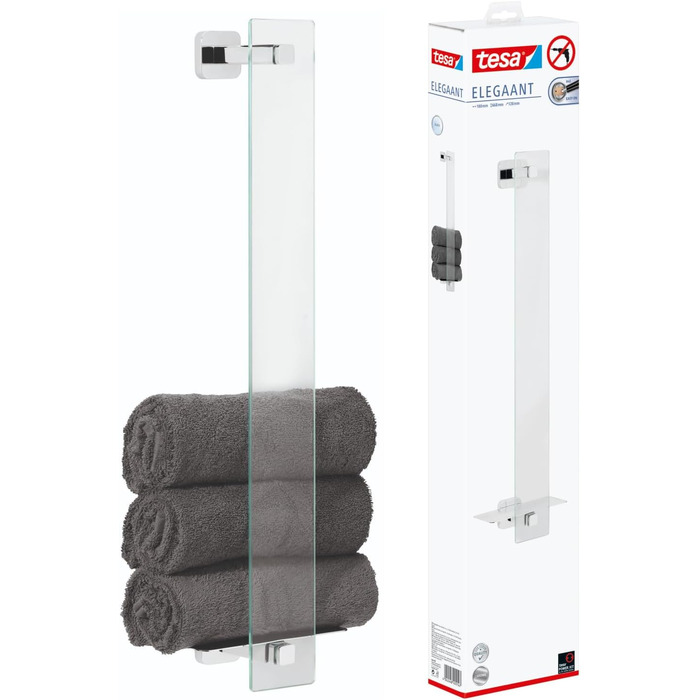 tesa ELEGAANT Towel Rail for Guest WC, including adhesive solution, elegant design, metal, chrome-plated, guaranteed rust-free, 180mm x 668mm x 128mm
