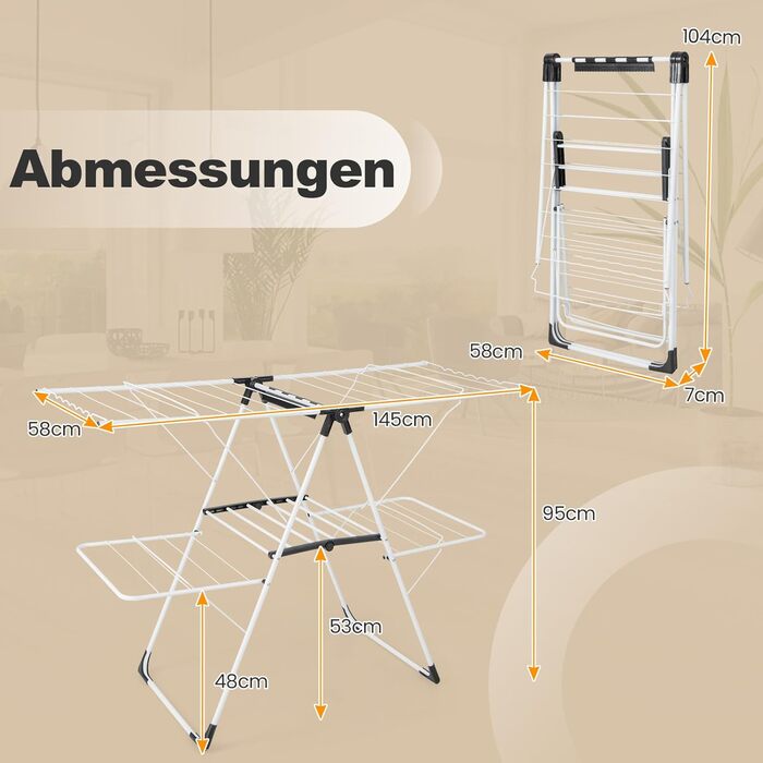 Стійка для сушіння білизни COSTWAY розкладна, сушарка для одягу висувна, регульована по висоті з крилами та полицею для взуття, сушильний стійка-вежа для дому та вулиці (оновлена версія) (з 2 рівнями)