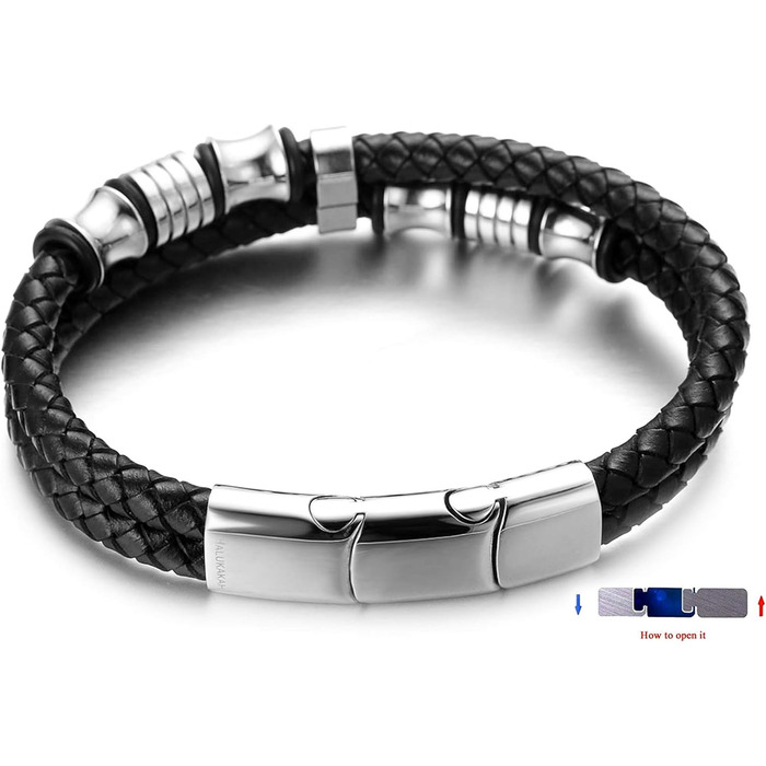 Браслет дитячий Halukakah Ehre Junior для хлопчиків зі шкіри чорного бика, з магнітним застібком, покриттям сріблом/золотом, титановими перлинами, в подарунковій коробці (6-12 років, 18-19.5 см)