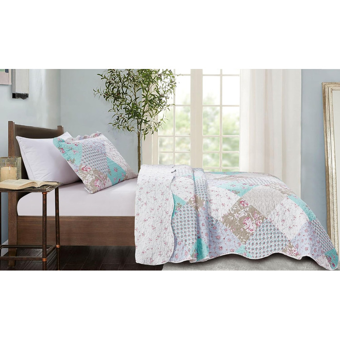 Набір постільної білизни Brilliant Sunshine Grey Heart Love Patchwork: ковдра та наволочка, двоспальне ліжко, блакитно-зелений, стегане покривало