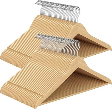 Плечики SONGMICS для одягу з дерева, набір 60 шт., дерев'яні, тонкі, для сорочок та жакетів, з вирізами для плечей, для штанів, поворотний гачок 360°, береза, білий, натуральні кольори