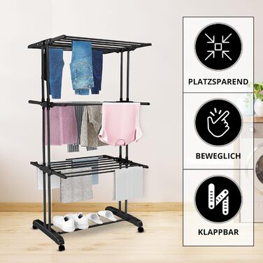 Воніа - сушилка для білизни на колесах, металева, 3 яруси, 6 розкладних крил, 72 x 50 x 172 см, для дому та саду