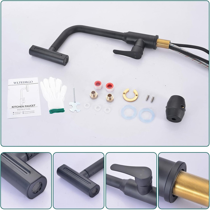 Кухонний змішувач водопровідний висувний з душем, 360° поворот, 4 режими, з нержавіючої сталі, чорний