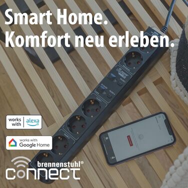Розумний подовжувач Brennenstuhl Connect Eco-Line WiFi на 6 розеток, керування через додаток, Alexa та Google Assistant, кабель 1.5м, чорний