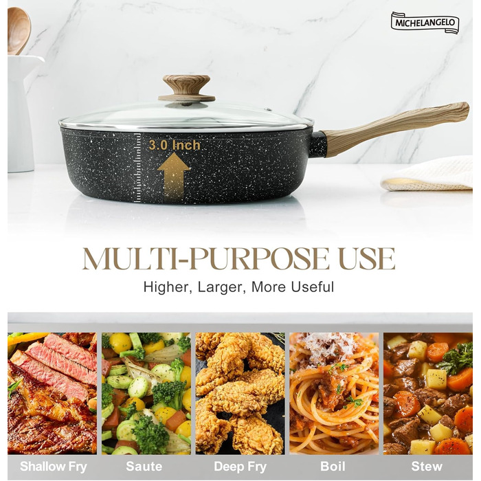 Сковорода з антипригарним покриттям Michelangelo з кришкою 28 см, глибока сковорода з кришкою, сковорода для тушкування 28 см, індукційна сковорода з антипригарним покриттям та м'якою бакелітовою ручкою, підходить для індукційних плит, чорна, глибока сков