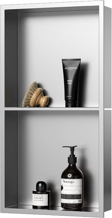 KINKIBOS Recessed Shower Niche, Stainless Steel, No Tiles Required, Built-in Shower Niche 60 x 30 x 10 cm, Shower Niche with Double Shelf Storage