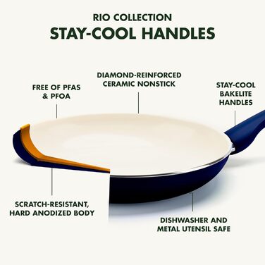 GreenPan Rio 16-Piece Cookware Set, PFOA and PFAS-Free, Healthy Ceramic Non-Stick Coating, Dishwasher Safe, Easy to Clean, Durable Performance, Blue