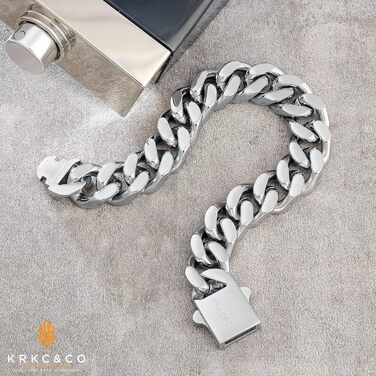 Чоловічий браслет KRKC&CO, кубинське плетиво, 18 мм, Miami Iced Out, кубинське панцерне з'єднання, 18-каратне золото, міцний, Urban Streetwear, браслет у стилі хіп-хоп для чоловіків (срібний, 12 мм, 22.9 см)