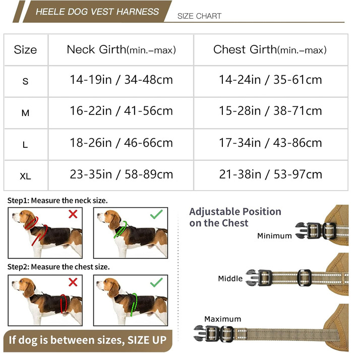 Шлейка для собак HEELE з регулюванням натягу, світловідбиваюча, для середніх собак, з м'якою ручкою, 1 пряжка, легко одягається, коричнева, розмір M, обхват грудей 38-71 см, Uni-Khaki