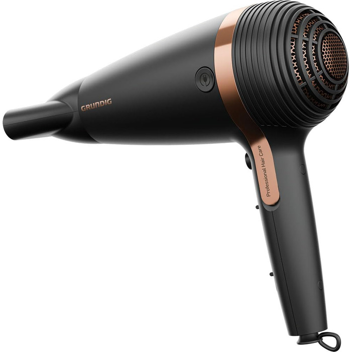Фен для волосся Grundig Naturashine HD 7081, 2100 Вт, з іонізацією, керамічним покриттям з макадамією та кокосовою олією, автоматичним змотуванням кабелю, чорний/рожеве золото