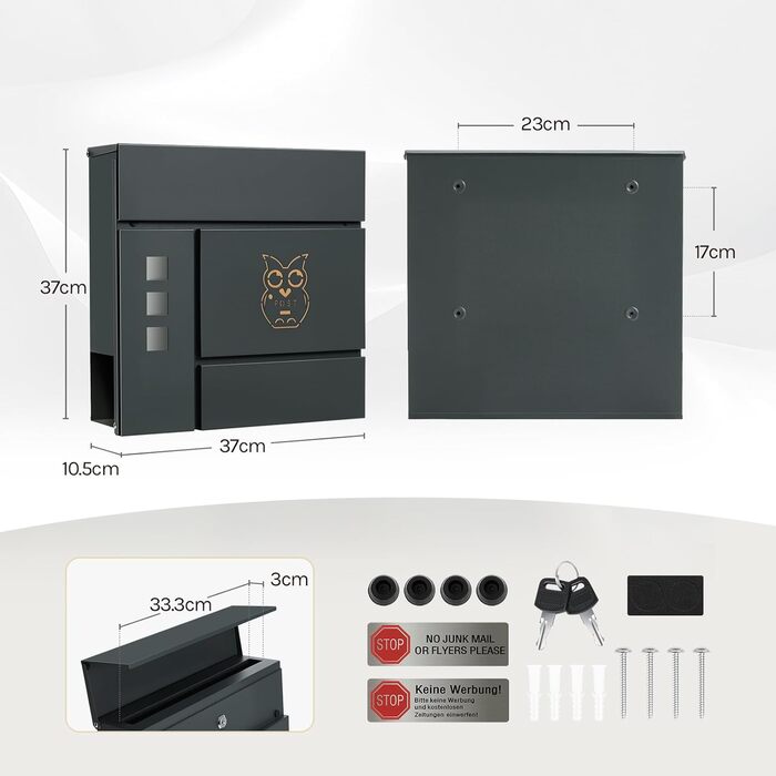 Поштова скринька WOLTU XXL з газетницею, оглядовим вікном, замком та 2 ключами, антрацит+жовтий (10,5x37x37 см)